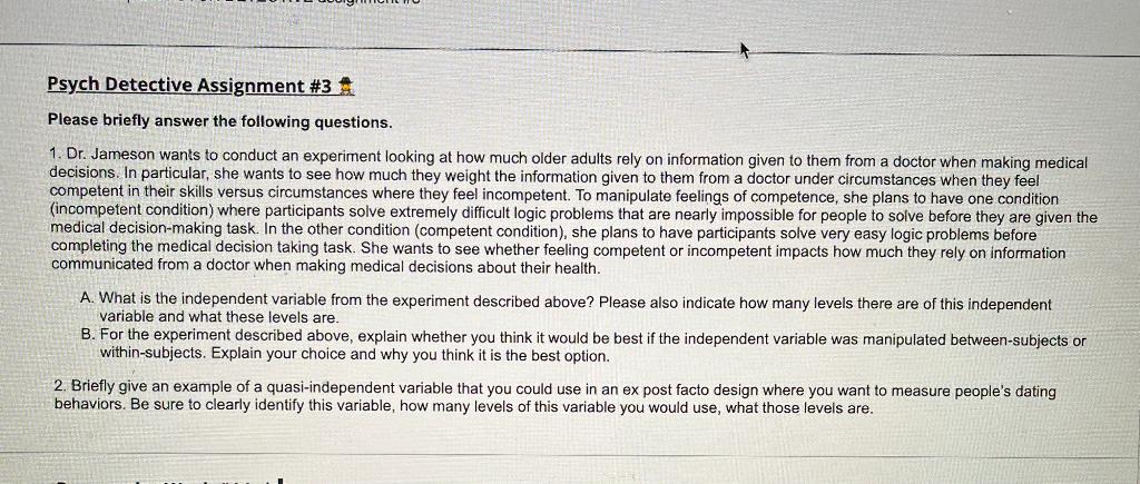 Solved Psych Detective Assignment \#3 Please briefly answer | Chegg.com