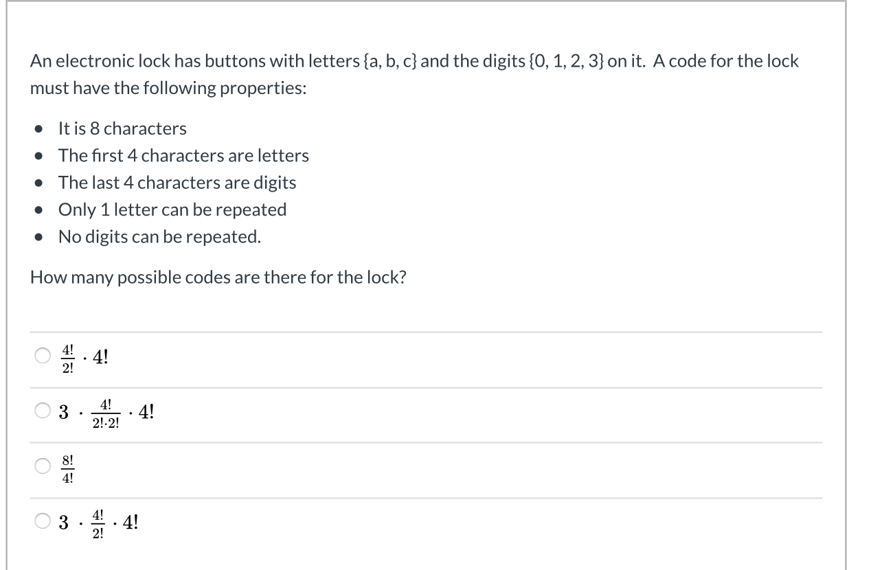 Solved An Electronic Lock Has Buttons With Letters {a,b,c} | Chegg.com