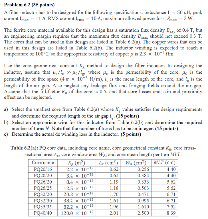 Solved Problem 6.2 (35 points) A filter inductor has to be | Chegg.com