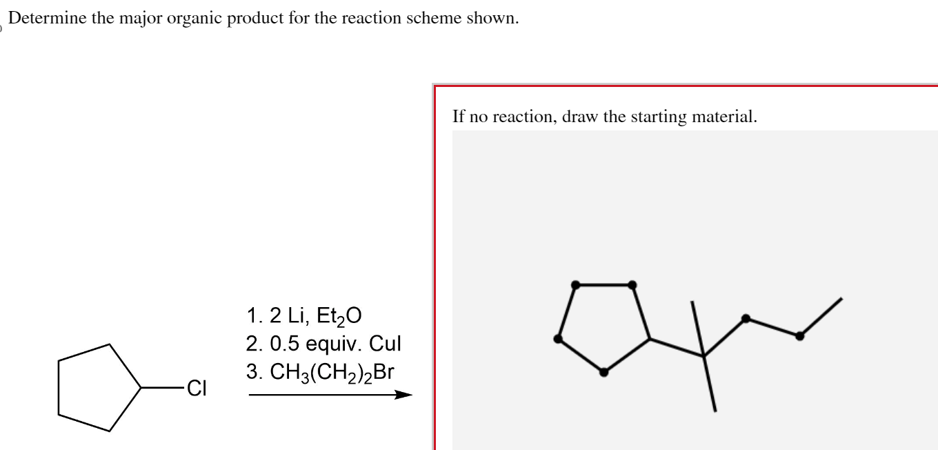 Determine the major organic product for the reaction scheme shown.
I
1. \( 2 \mathrm{Li}, \mathrm{Et}_{2} \mathrm{O} \)
2. \(