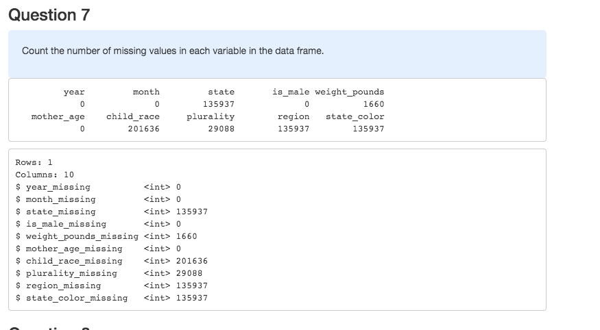 Solved Question 7 Count the number of missing values in each | Chegg.com