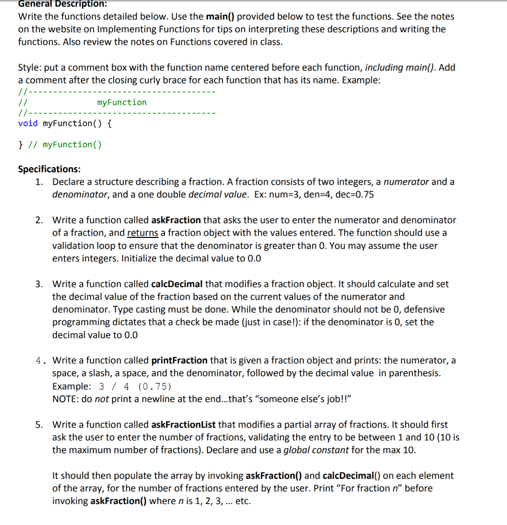 Solved General Description: Write the functions detailed | Chegg.com
