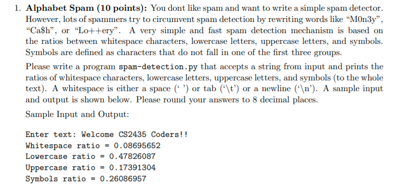 Solved 1. Alphabet Spam (10 points): You dont like spam and | Chegg.com