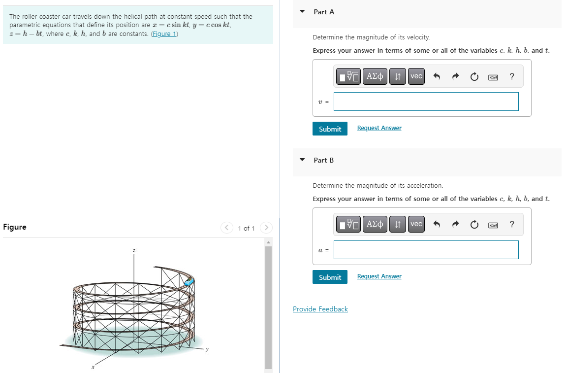 The roller coaster car travels down the helical path at constant speed such that the parametric equations that define its pos