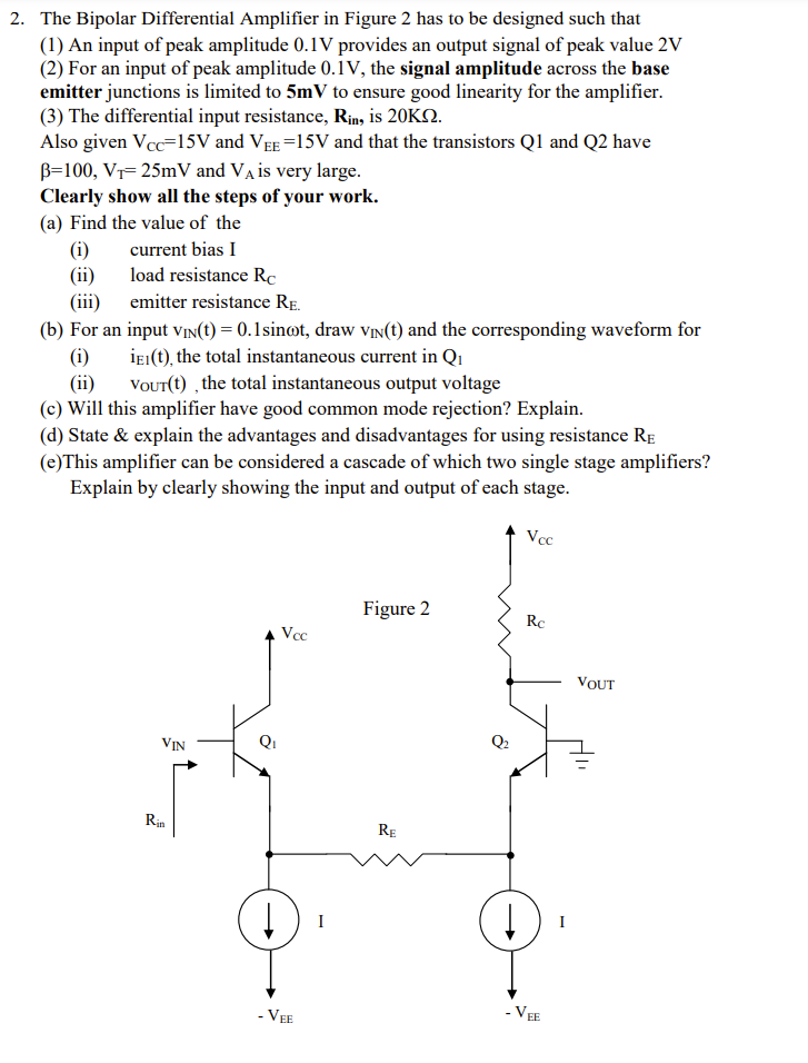 Solved The Bipolar Differential Amplifier in Figure 2 has to