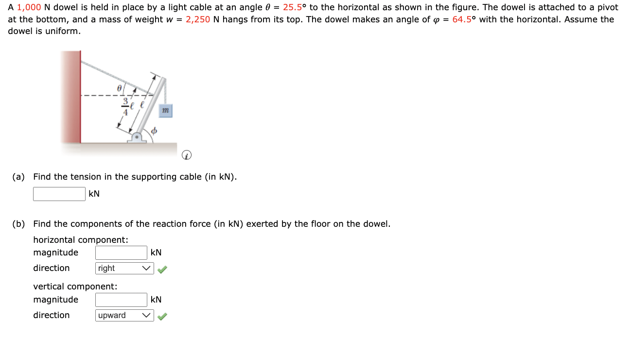 A \( 1,000 \mathrm{~N} \) dowel is held in place by a light cable at an angle \( \theta=25.5^{\circ} \) to the horizontal as 