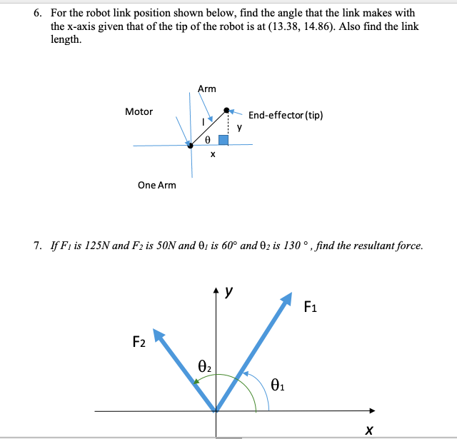 6. For the robot link position shown below, find the angle that the link makes with the \( x \)-axis given that of the tip of