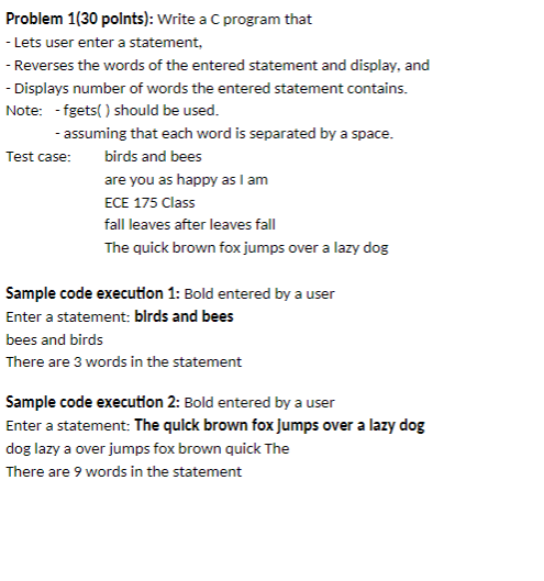 Solved Problem 1(30 points): Write a C program that - Lets | Chegg.com