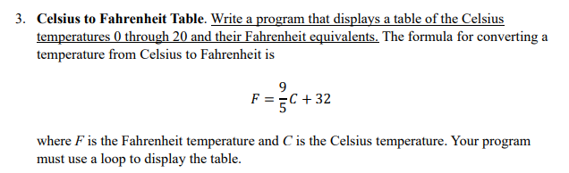 Solved Celsius to Fahrenheit Table. Write a program that | Chegg.com