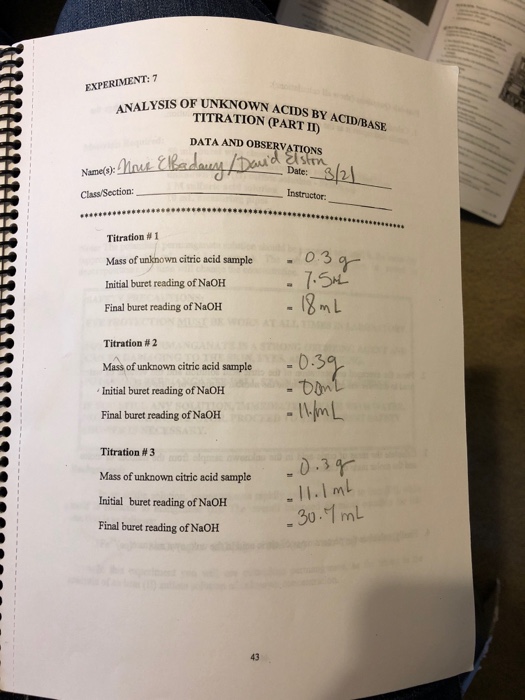 Solved EXPERIMENT7 ANALYSIS OF UNKNOWN ACIDS BY ACID/BASE