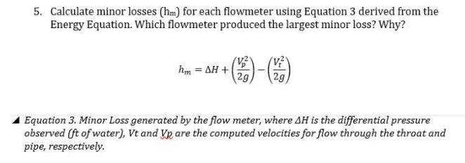 5. Calculate Minor Losses (hm) For Each Flowmeter 