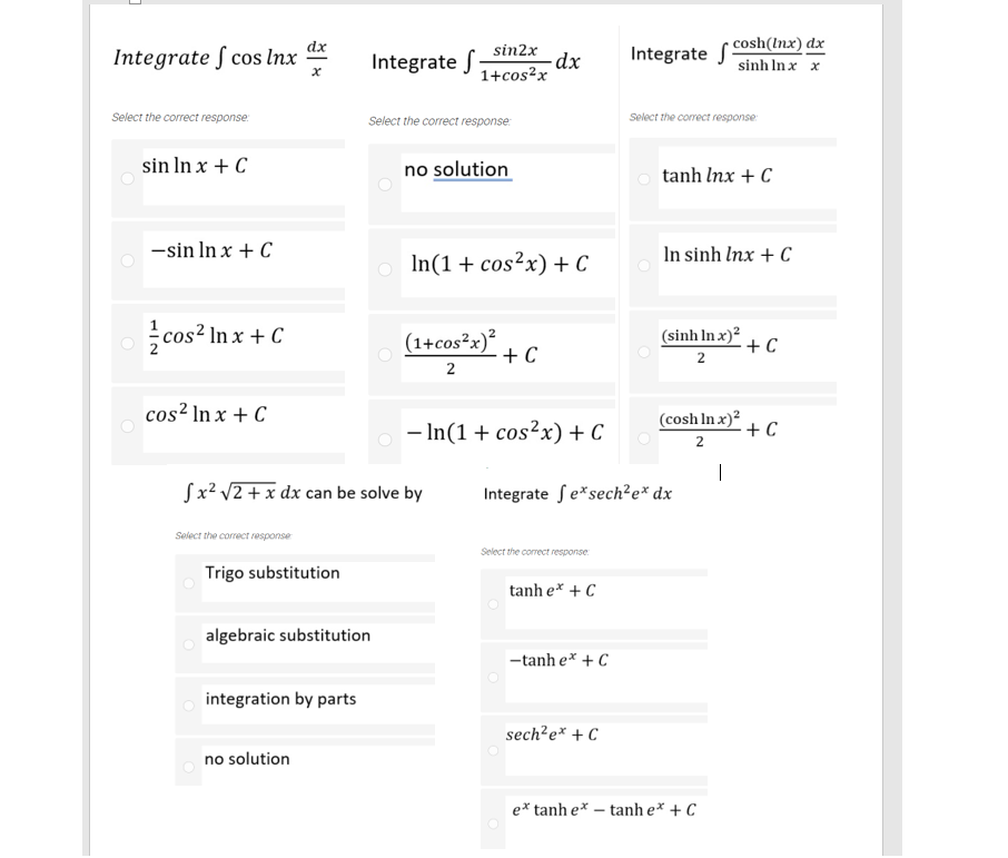 Solved dx Integrate ſcos Inx sin 2x Integrate S •dx 1+cos2x | Chegg.com