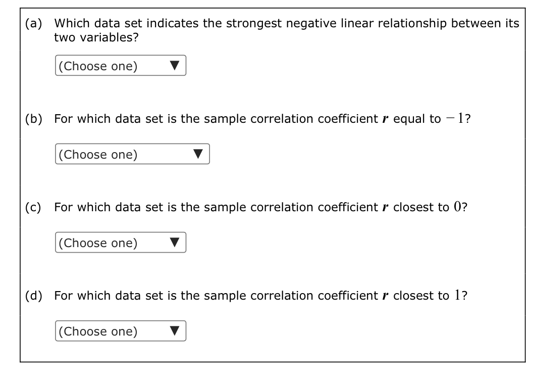 Solved Below are four bivariate data sets and their scatter | Chegg.com