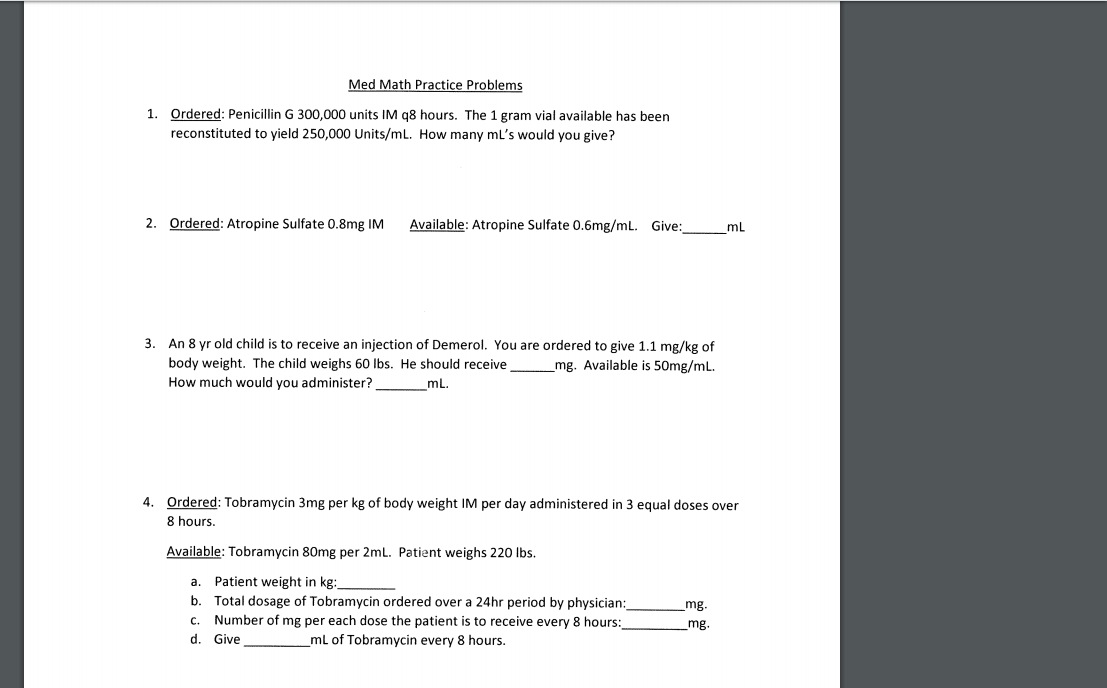 Solved Med Math Practice Problems 1 Ordered Penicillin Chegg Com