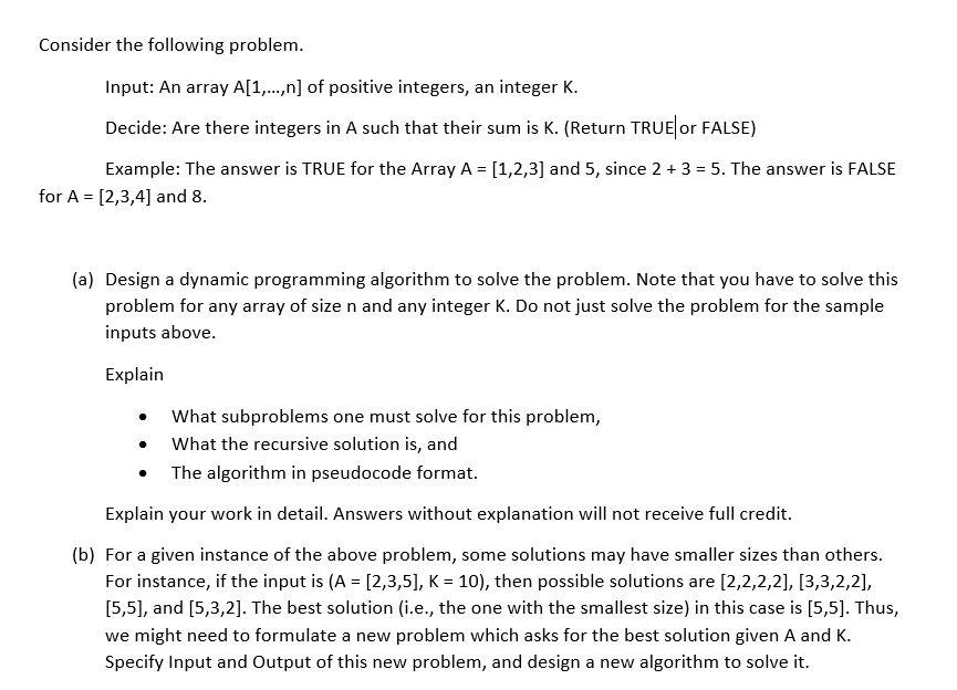 Solved Consider the following problem. Input: An array | Chegg.com
