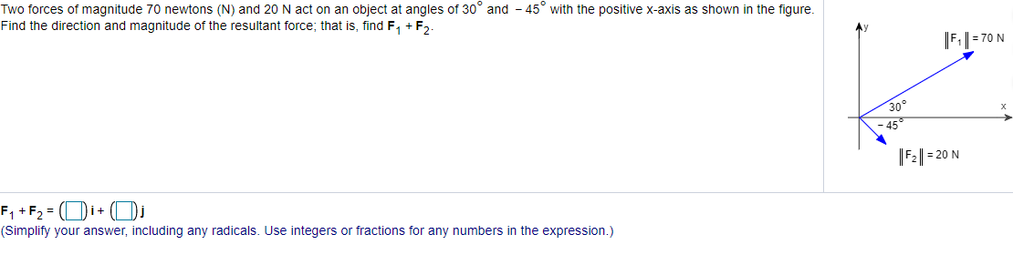 Solved Two forces of magnitude 70 newtons (N) and 20 N act | Chegg.com