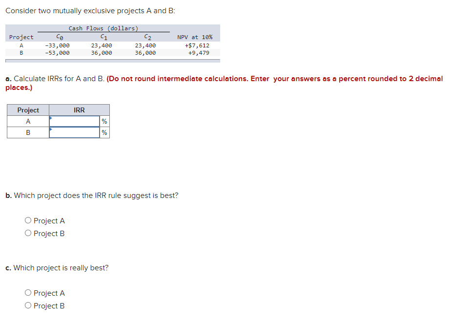 Solved Consider two mutually exclusive projects A and B: | Chegg.com