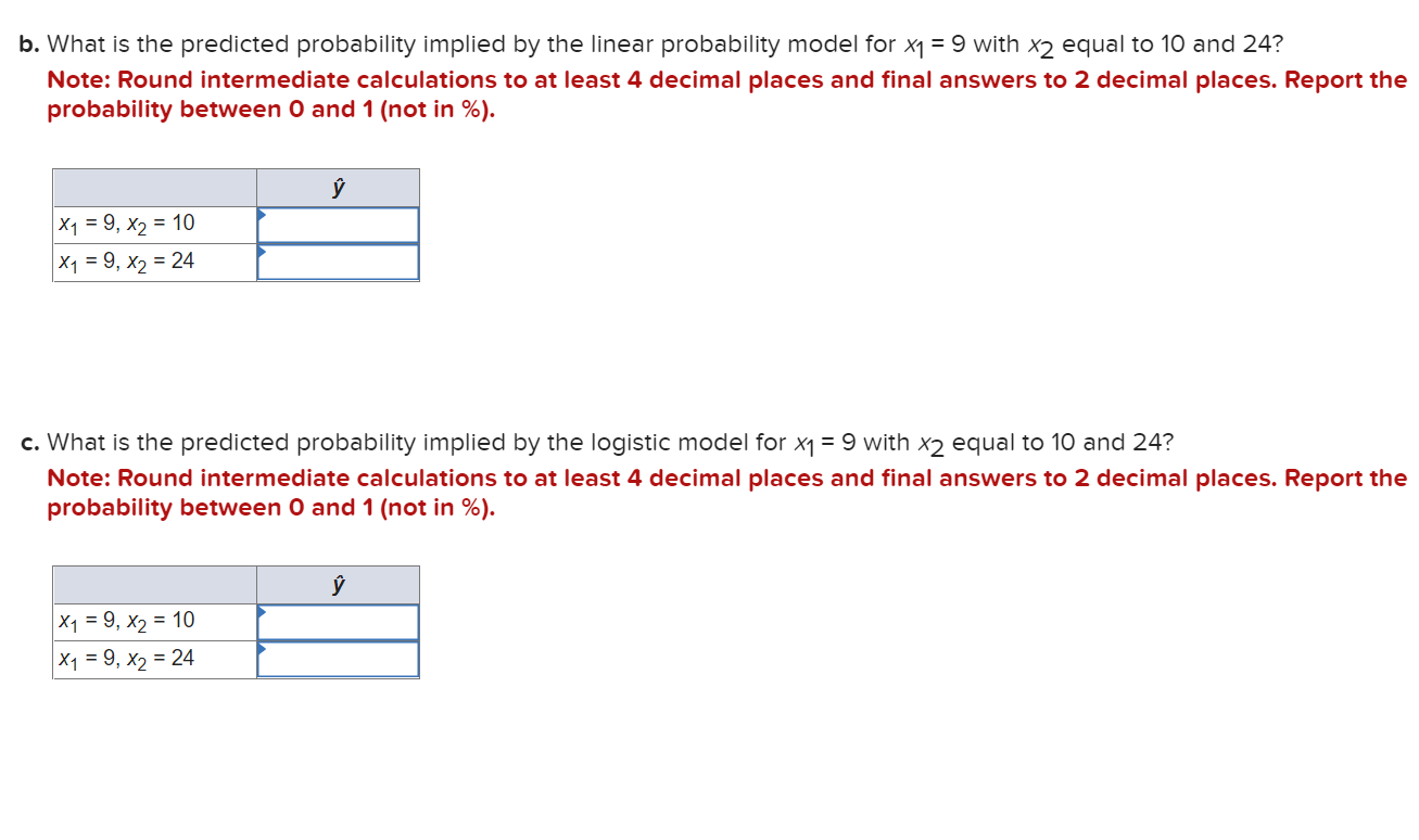 b. What is the predicted probability implied by the linear probability model for \( x_{1}=9 \) with \( x_{2} \) equal to 10 a