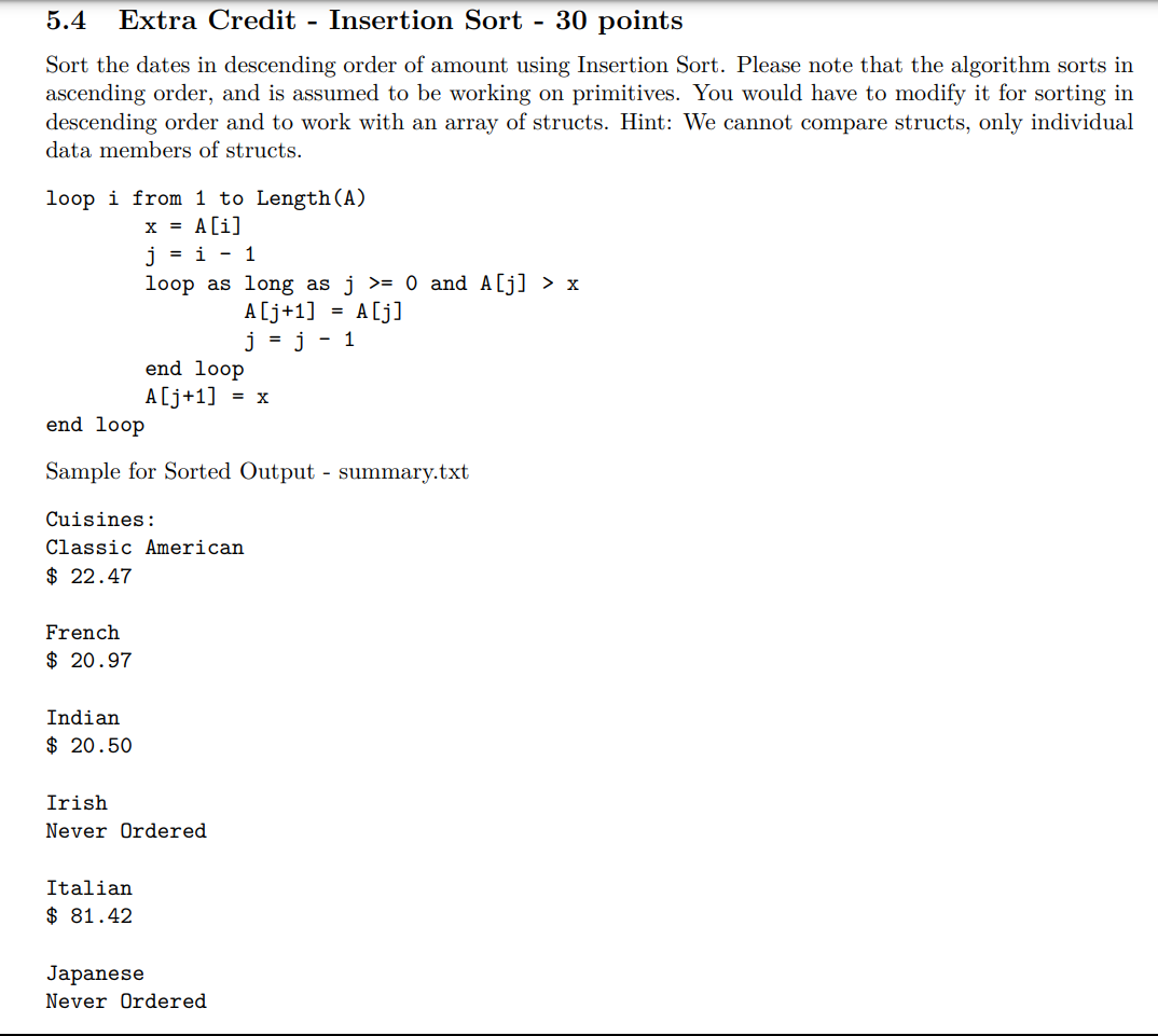 5.4 Extra Credit - Insertion Sort - 30 points Sort | Chegg.com