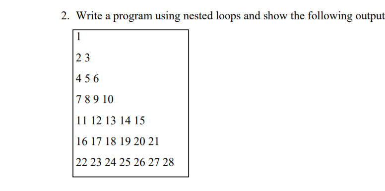 Solved 2. Write a program using nested loops and show the | Chegg.com