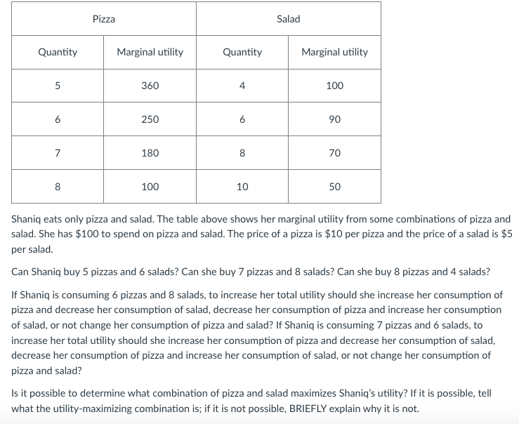 Solved Pizza Salad Quantity Marginal utility Quantity | Chegg.com