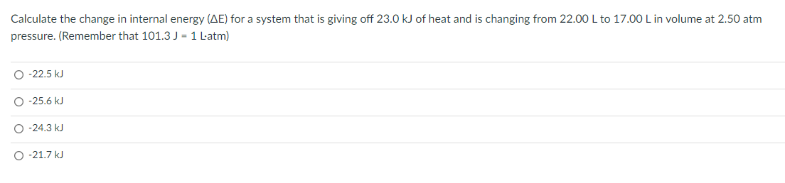 Solved Calculate the change in internal energy (AE) for a | Chegg.com