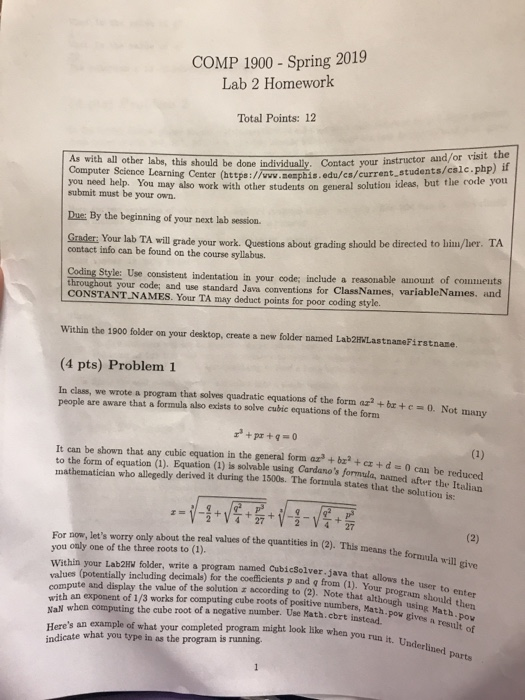 Solved COMP 1900 - Spring 2019 Lab 2 Homework Total Points: | Chegg.com
