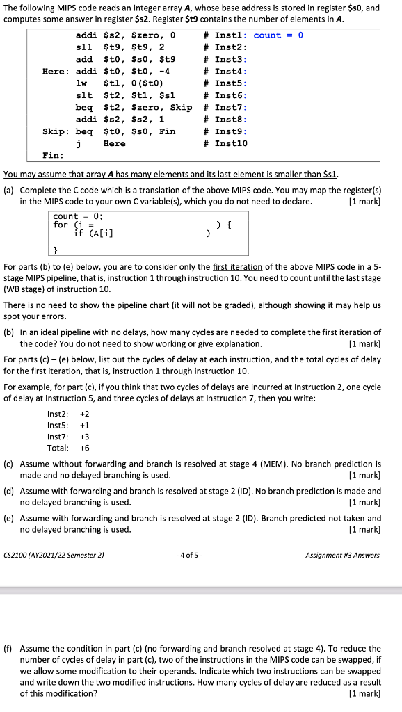 Solved The Following MIPS Code Reads An Integer Array A, | Chegg.com