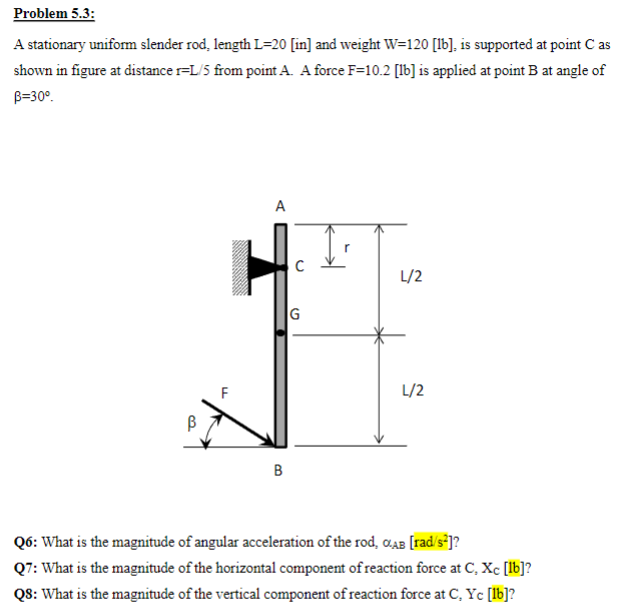 Solved A stationary uniform slender rod, length L=20 [in] | Chegg.com