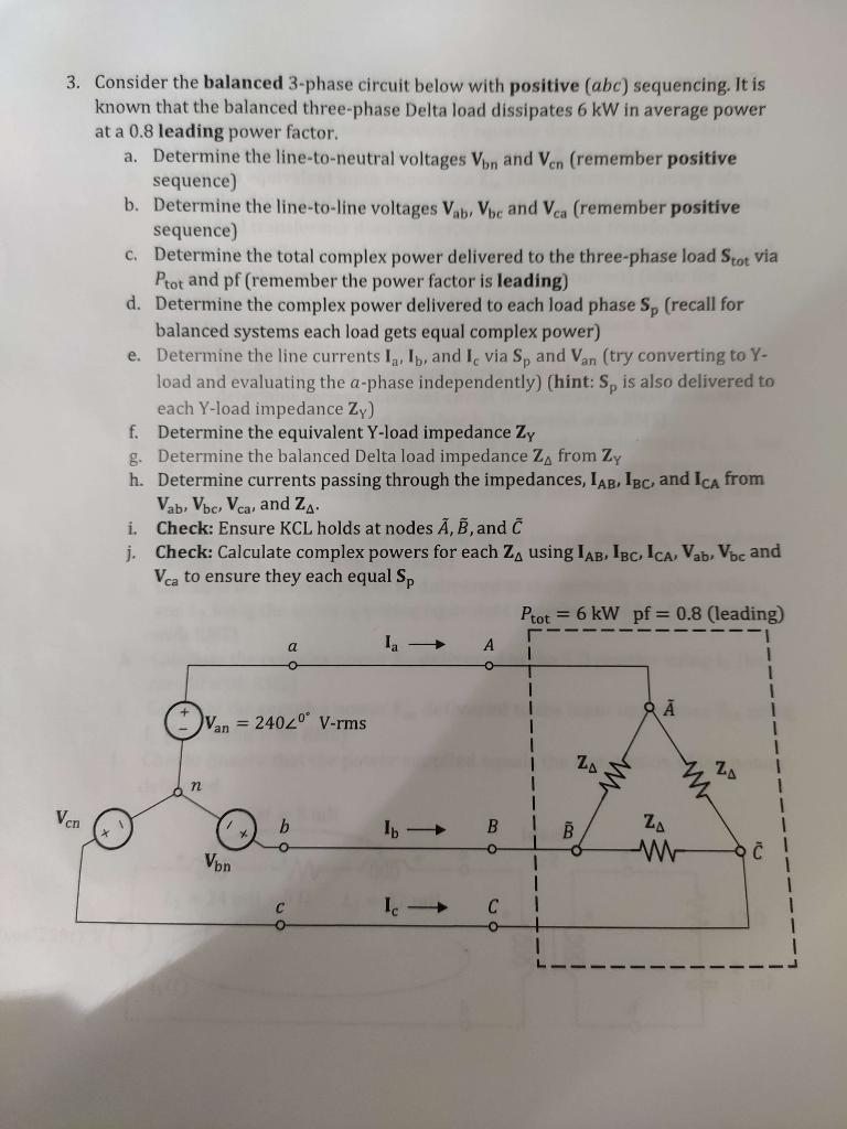 Solved 3. Consider the balanced 3-phase circuit below with | Chegg.com