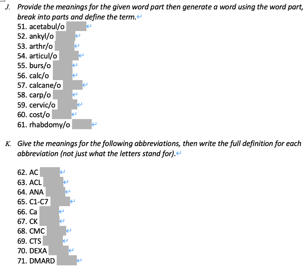 Solved J Provide The Meanings For The Given Word Part Then Chegg Com