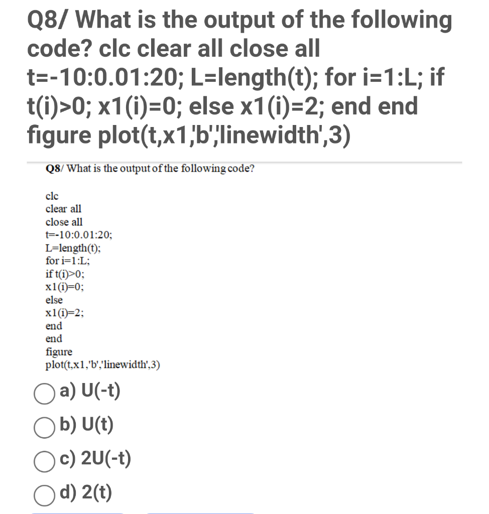Solved Q8/ What is the output of the following code? clc | Chegg.com