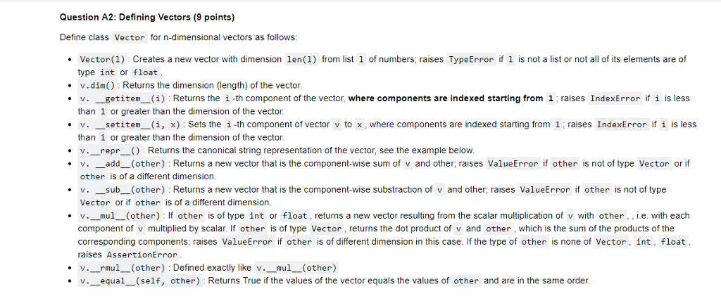 Solved Question A2: Defining Vectors (9 points) Define class | Chegg.com
