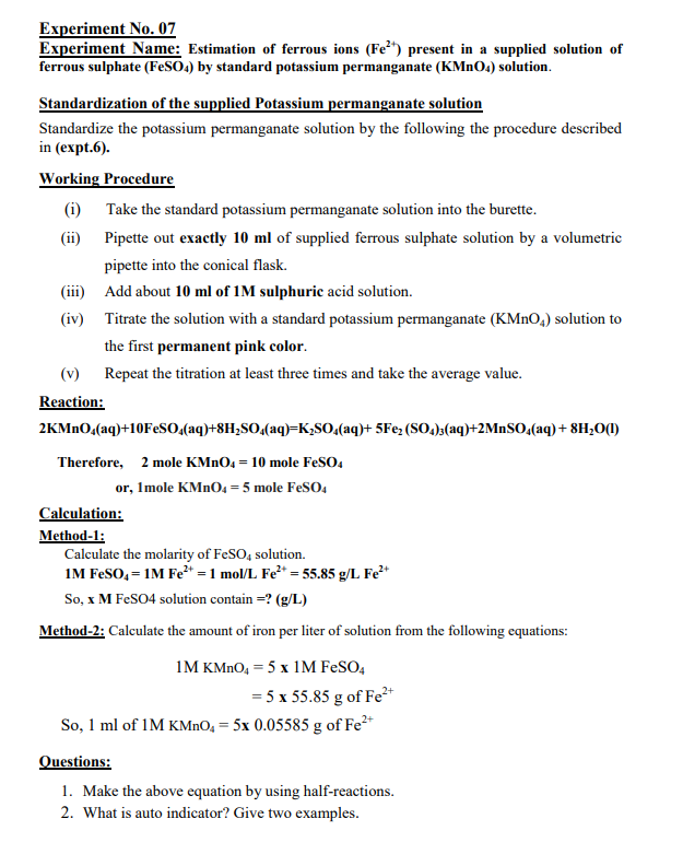 Solved Experiment No. 07 Experiment Name: Estimation of | Chegg.com