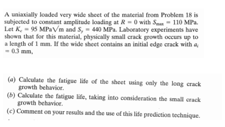 A uniaxially loaded very wide sheet of the material from Problem 18 is
subjected to constant amplitude loading at R=0 with Sm