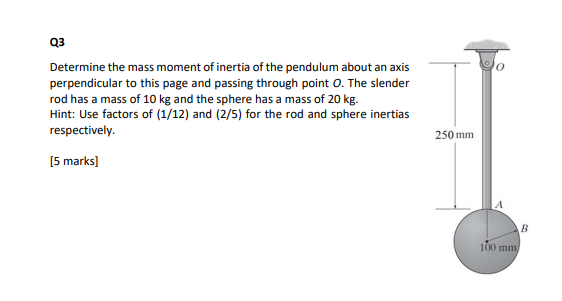 Q3
Determine the mass moment of inertia of the pendulum about an axis perpendicular to this page and passing through point \(