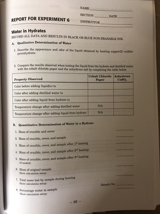 Solved EXPERIMENT 6 Water in Hydrates MATERIALS AND