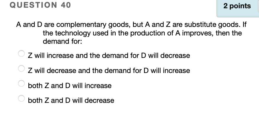 Solved QUESTION 40 2 points A and D are complementary goods, | Chegg.com