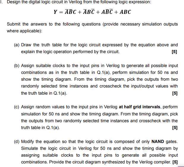 Solved 1. Design the digital logic circuit in Verilog from | Chegg.com