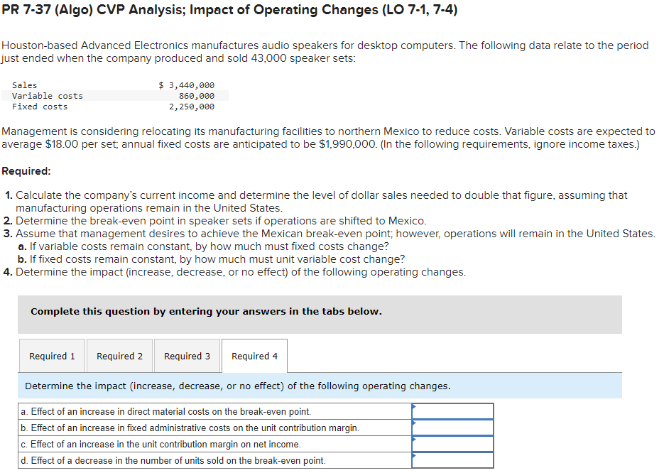 Solved PR 7-37 (Algo) CVP Analysis; Impact of Operating | Chegg.com