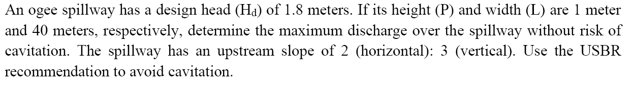 Solved An ogee spillway has a design head (Ha) of 1.8 | Chegg.com