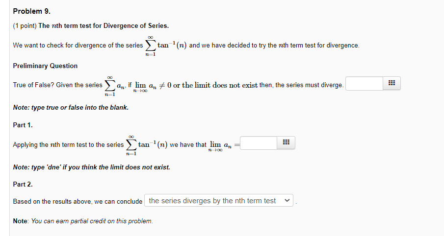 Solved Problem 9. (1 point) The nth term test for Divergence | Chegg.com