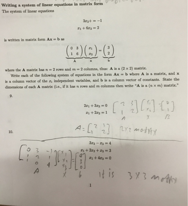 Solved writing a system of linear equations in matrix form | Chegg.com
