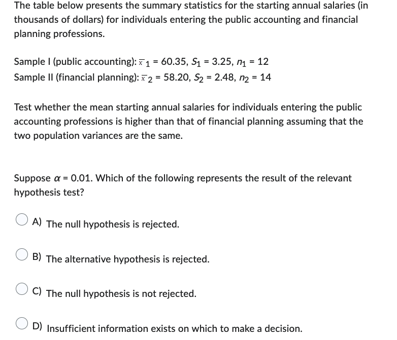 Solved The Table Below Presents The Summary Statistics For Chegg Com   PhpjfbQuA