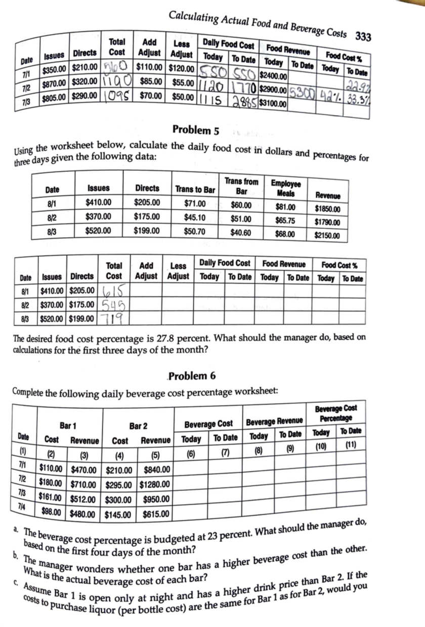 Calculating Actual Food and Beverage Costs 333 Total