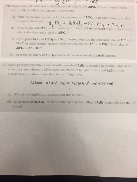 Solved Aluminum hydroxide reacts with phosphoric acid to