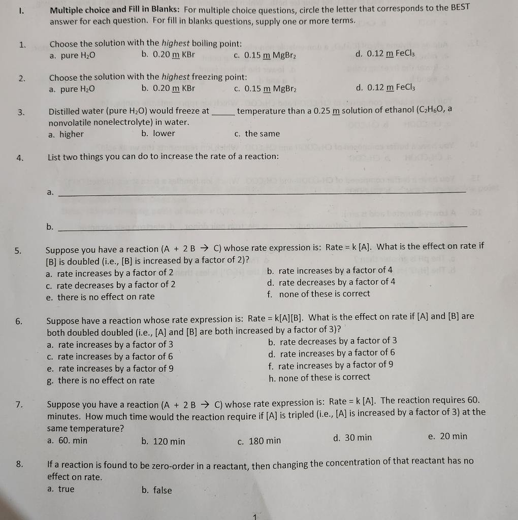 Solved I. Multiple choice and Fill in Blanks: For multiple | Chegg.com