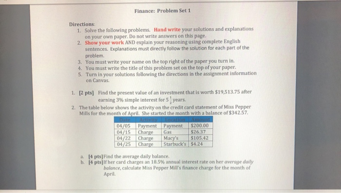 Solved Finance: Problem Set 1 Directions: 1. Solve the | Chegg.com