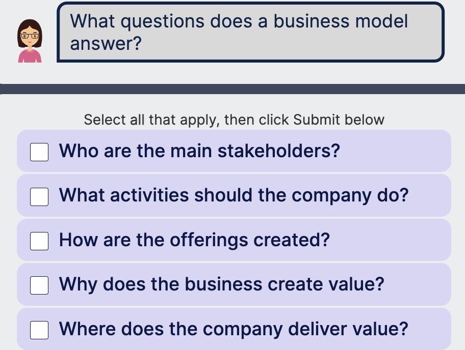 Solved What questions does a business modelanswer?Select all | Chegg.com