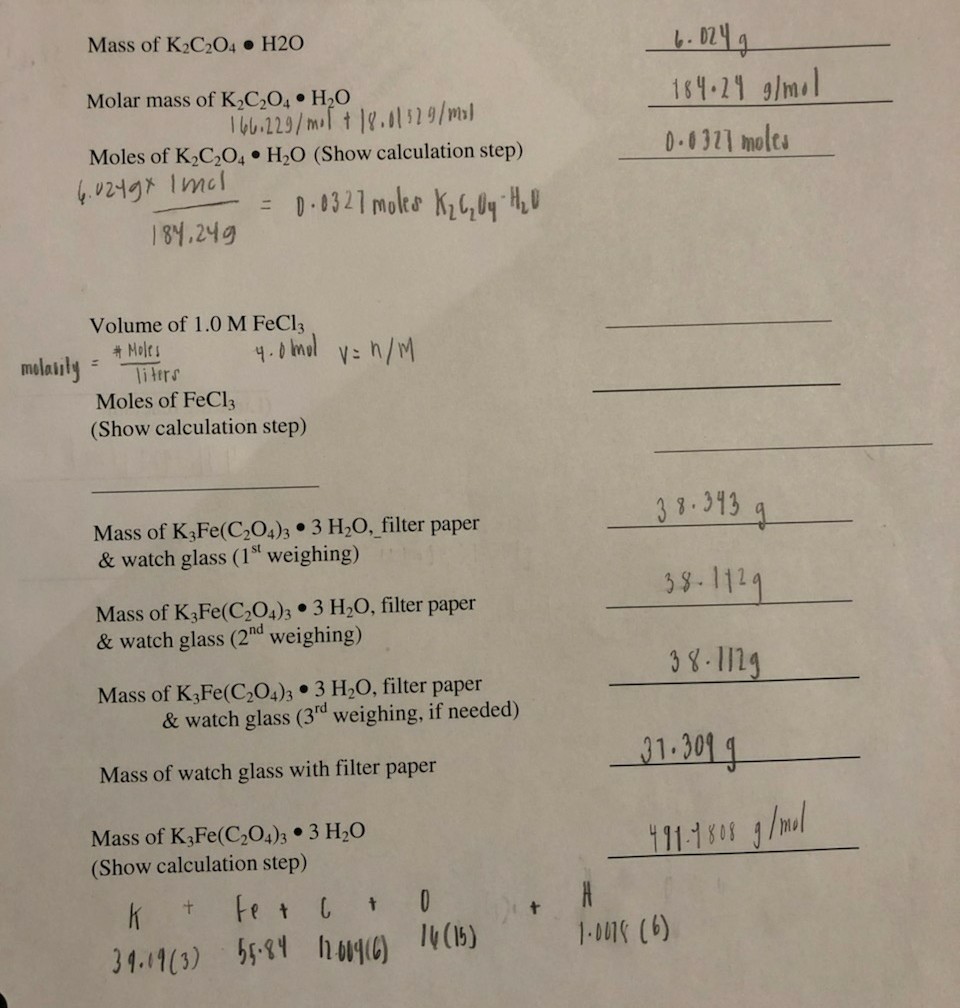 Solved Mass Of Kc204 H2o Molar Mass Of K2c0 H2o Moles 9861